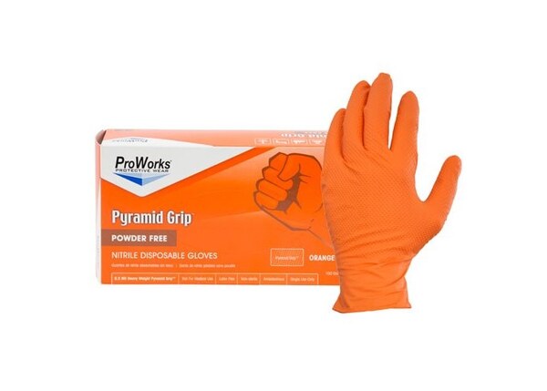 GL-NT107ORFXXL NITRILE PYRAMID GRIP ORANGE POWDER FREE DISPOSABLE GLOVES, 6.5MIL - XXL 100/BX
